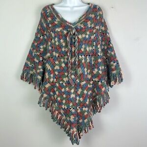 Homemade Crocheted Knit Poncho Shawl Multicolor Grandmacore Fall Winter Unique